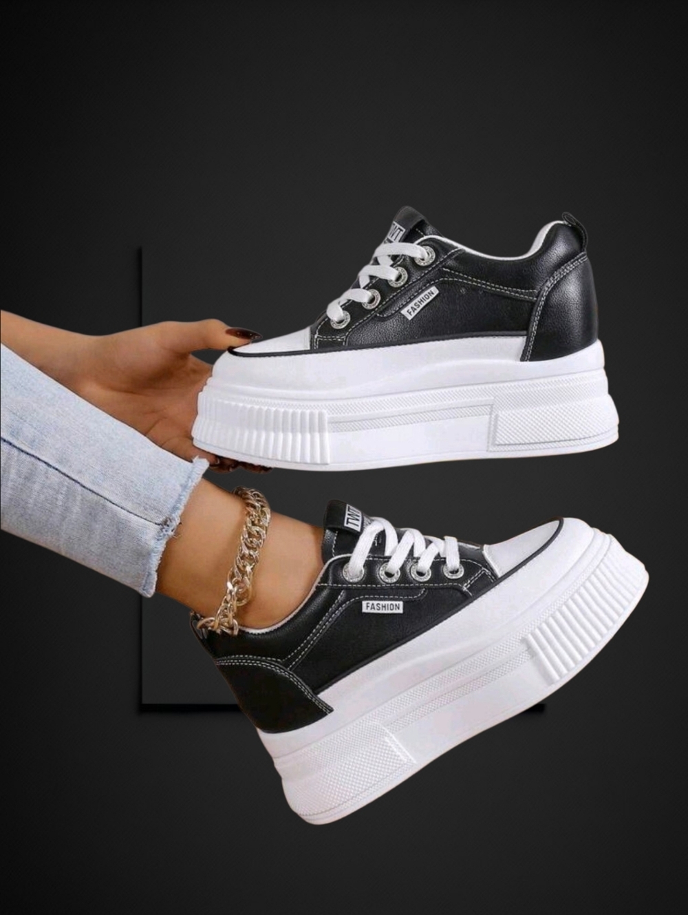 NEW Stacked Platform Lace-Up Sneakers ▪︎ Faux Leather ▪︎ Black/White ▪︎ Sz 7/38